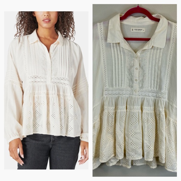 Lucky Brand Tops - Lucky Brand M Ivory Eyelet Blouse 100% Cotton Prairie Peasant Boho Country EUC